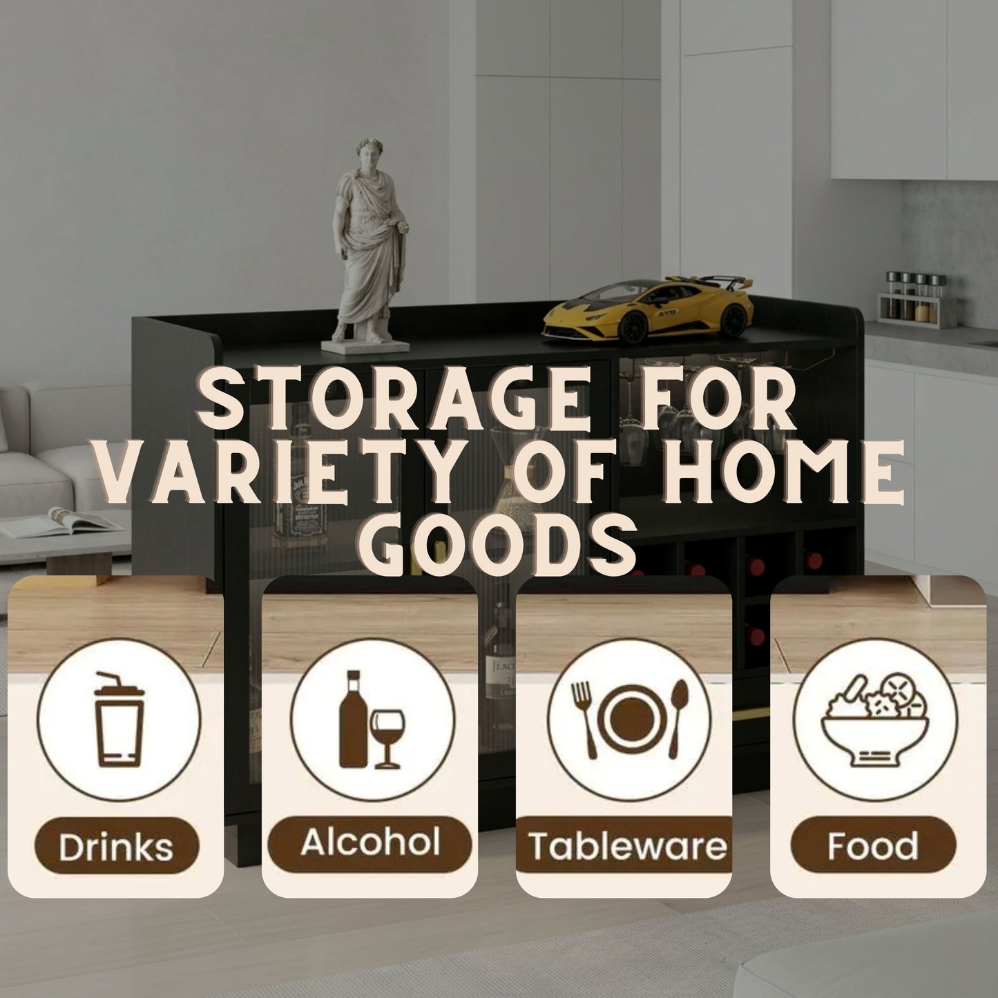 Modern living room with a coffee table displaying various items and text about storage for home goods.