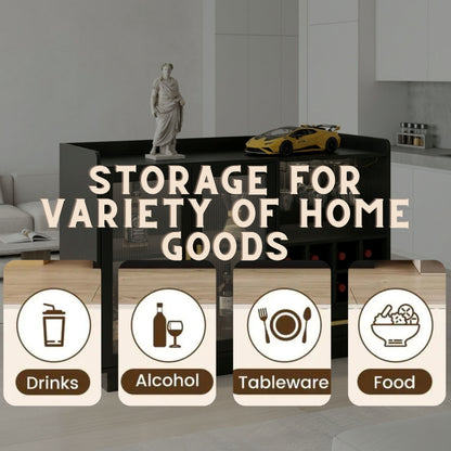 Modern living room with a coffee table displaying various items and text about storage for home goods.