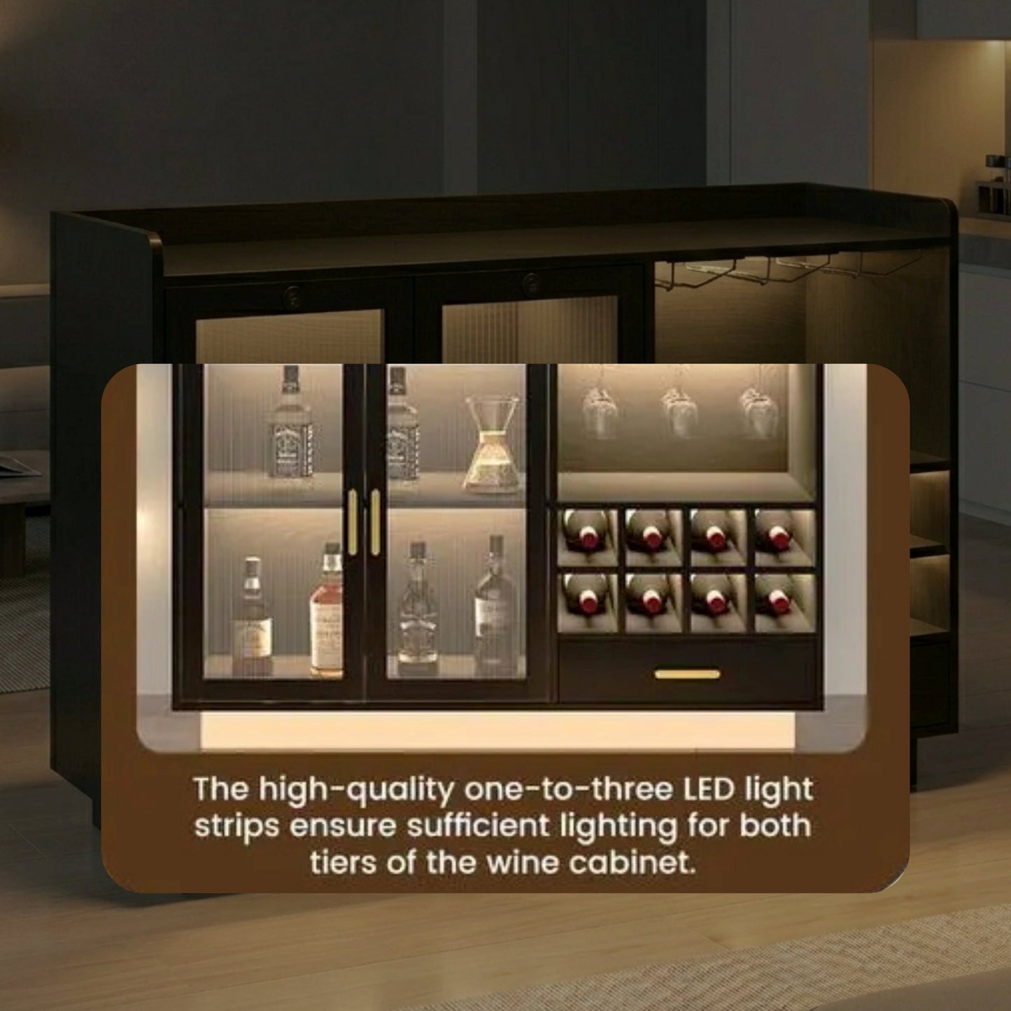 Wine cabinet with illuminated shelves in a dimly lit room