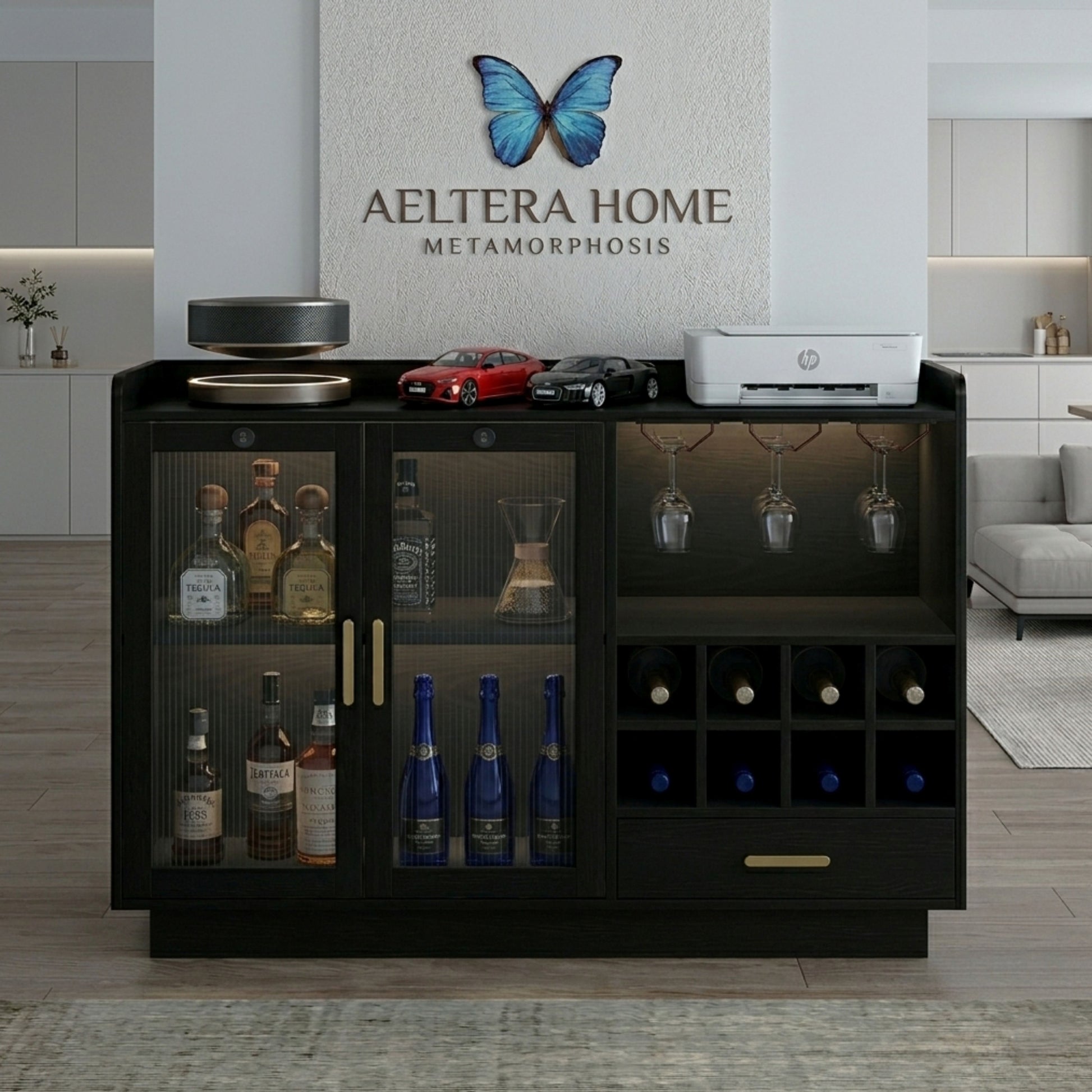 Black bar cabinet with drinks and decor in a modern living room setting, featuring the Aeltera Home brand.