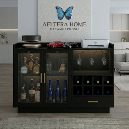 Black bar cabinet with drinks and decor in a modern living room setting, featuring the Aeltera Home brand.