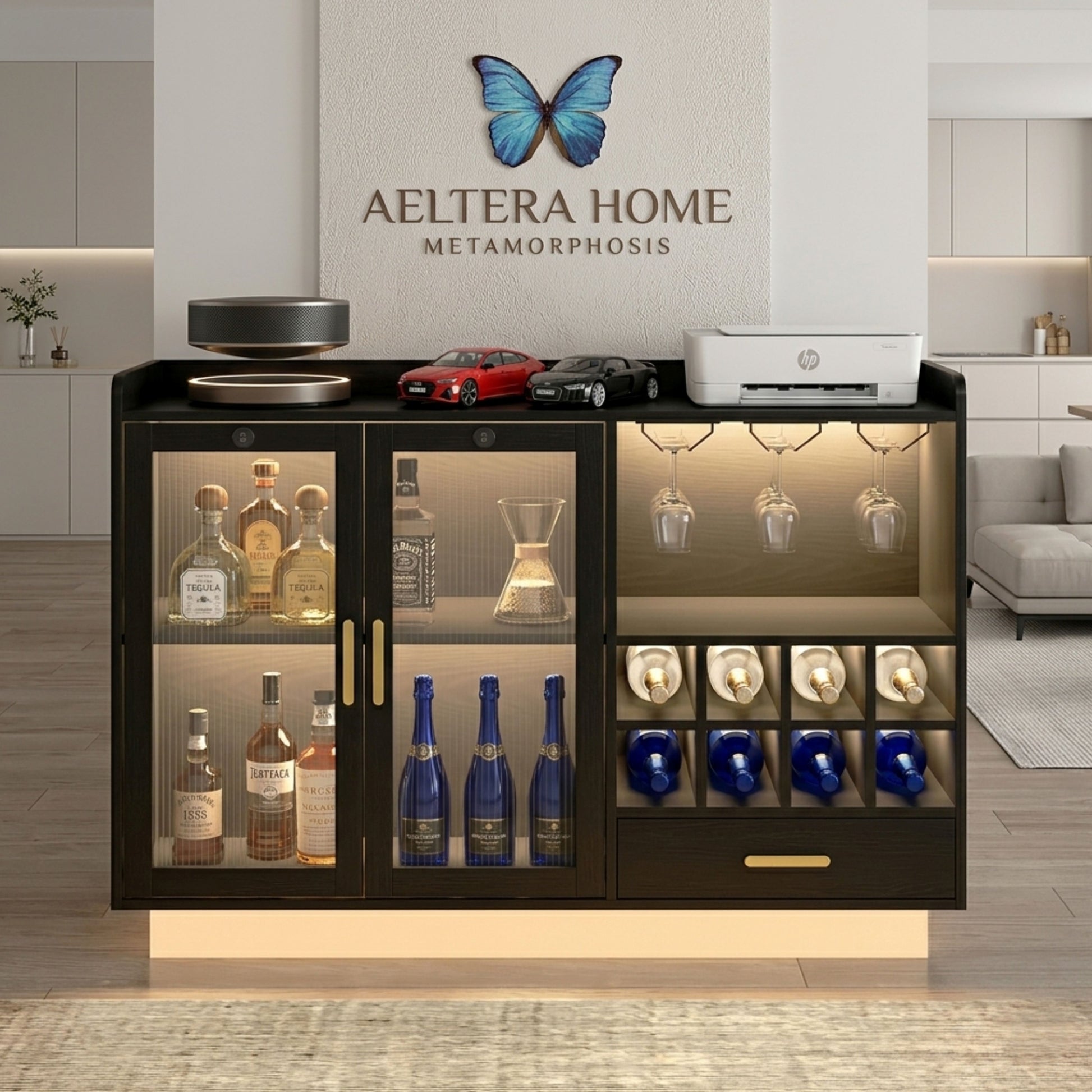 Modern home bar cabinet with drinks and Aeltera Home branding.