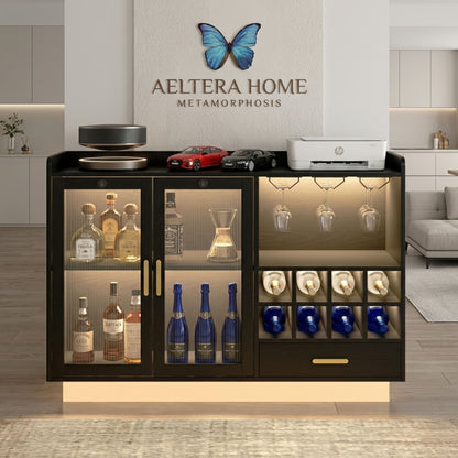 Modern home bar cabinet with drinks and Aeltera Home branding.
