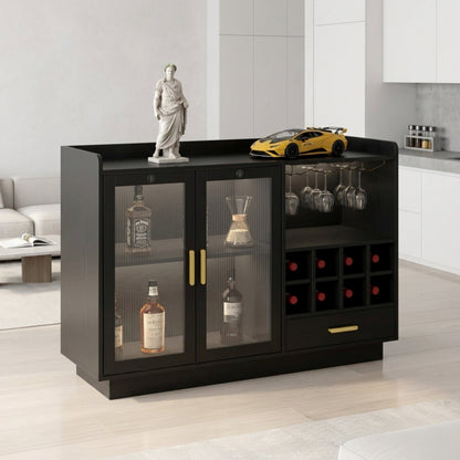 Black bar cabinet with glass doors displaying bottles and wine glasses in a modern living room.