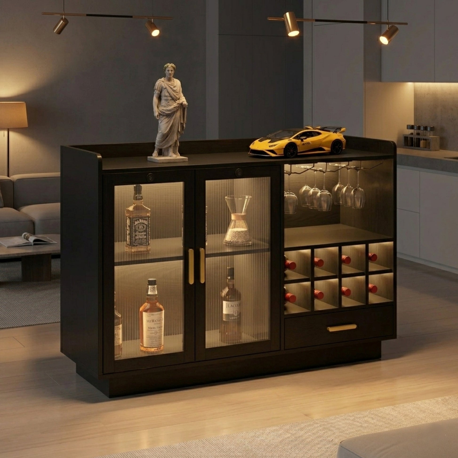 Modern bar cabinet with glass doors displaying bottles and decor items in a living room setting.