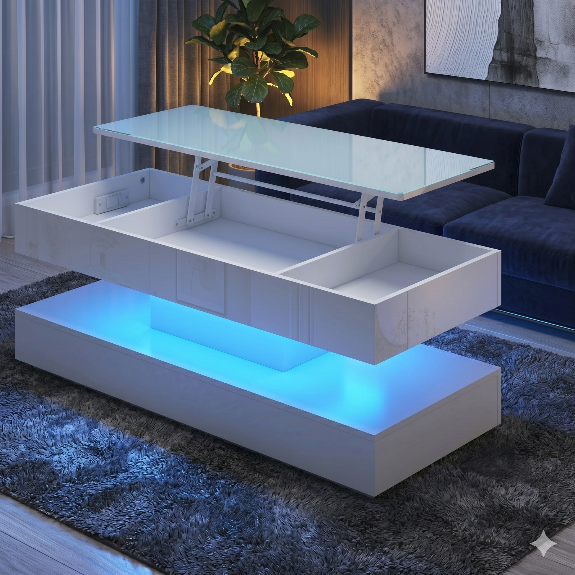 Modern coffee table with lifting top in a living room setting