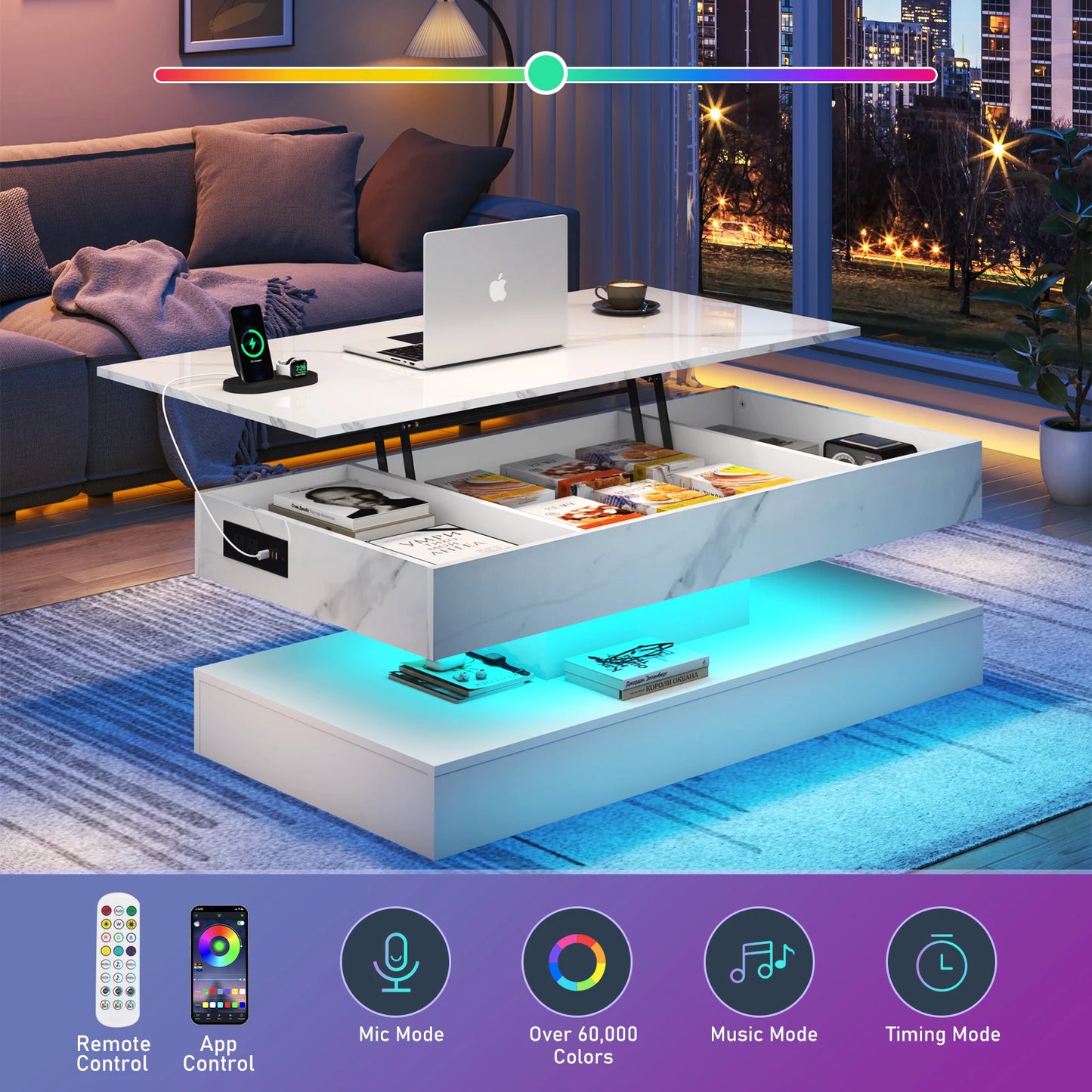 Modern coffee table with lift-top design in a living room setting, featuring technology controls at the bottom.