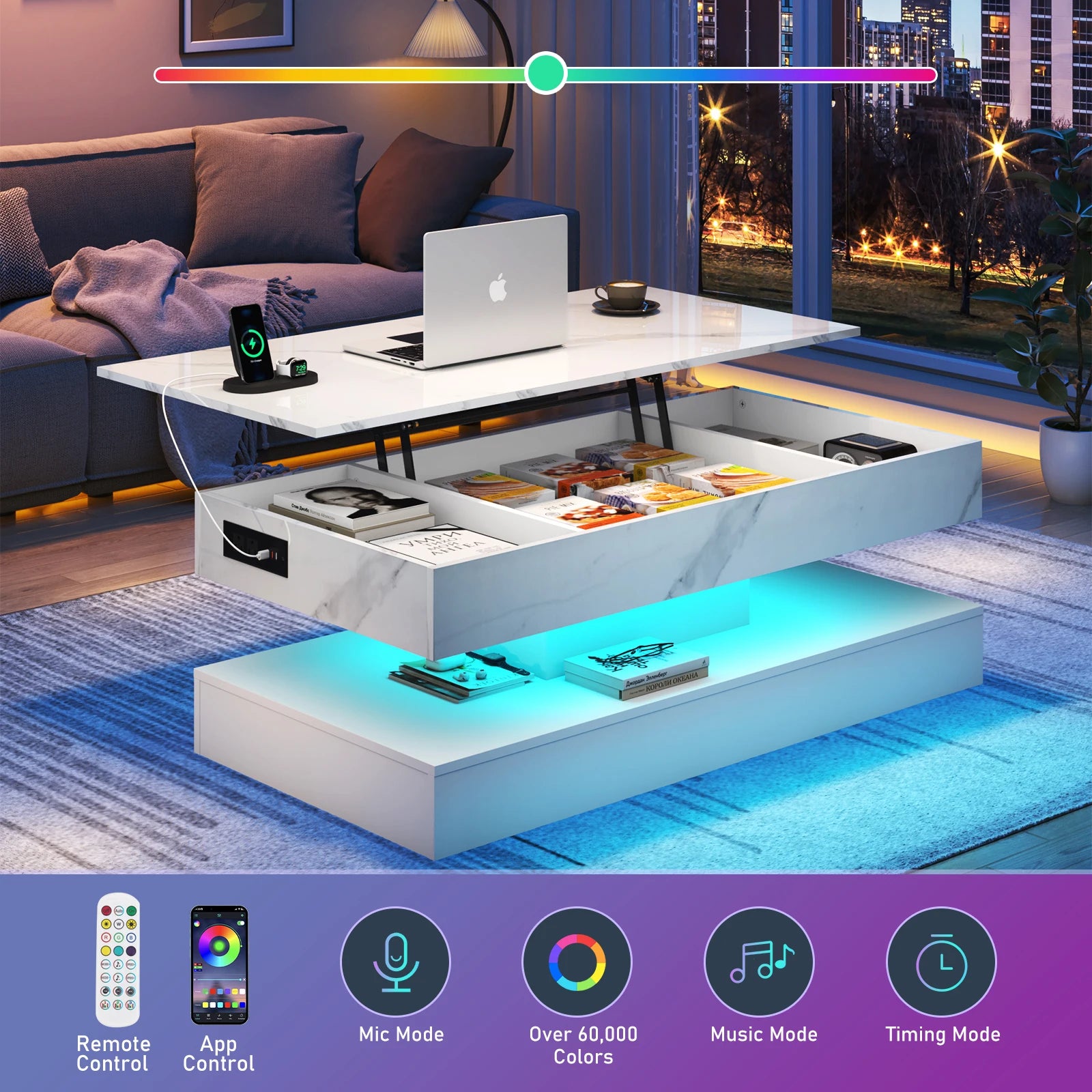 Modern coffee table with lift-top design in a living room setting, featuring technology controls at the bottom.