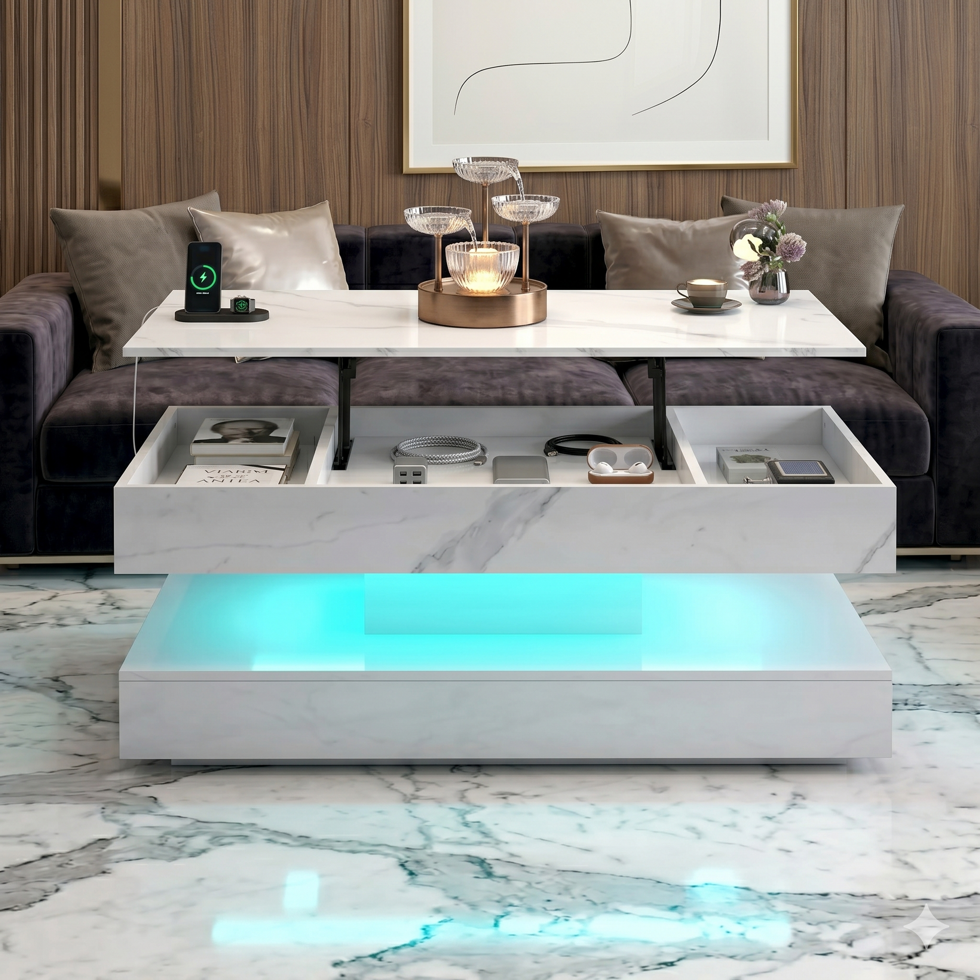 Modern 4-in-1 Lift-Top Coffee Table With Smart LED Storage Center And Integrated Charging Station