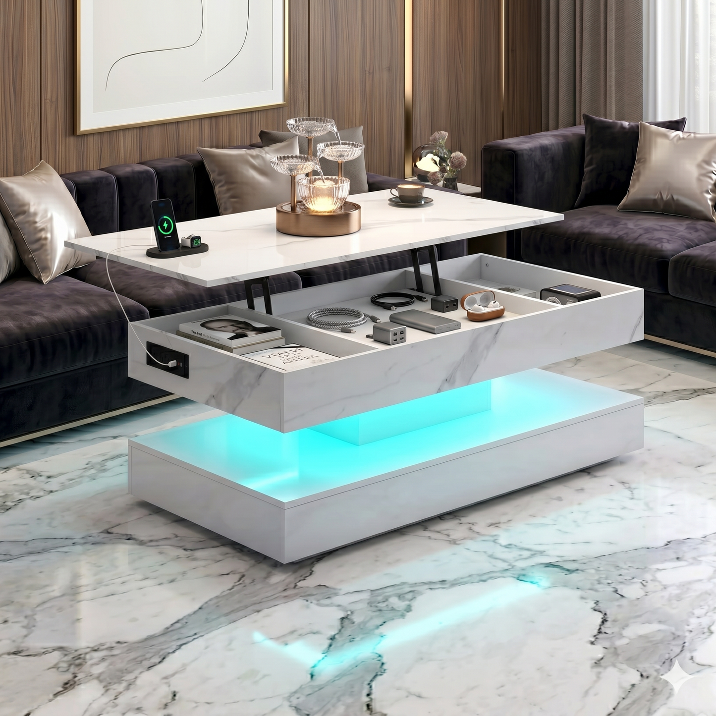 Modern coffee table with lift-top design in a living room setting