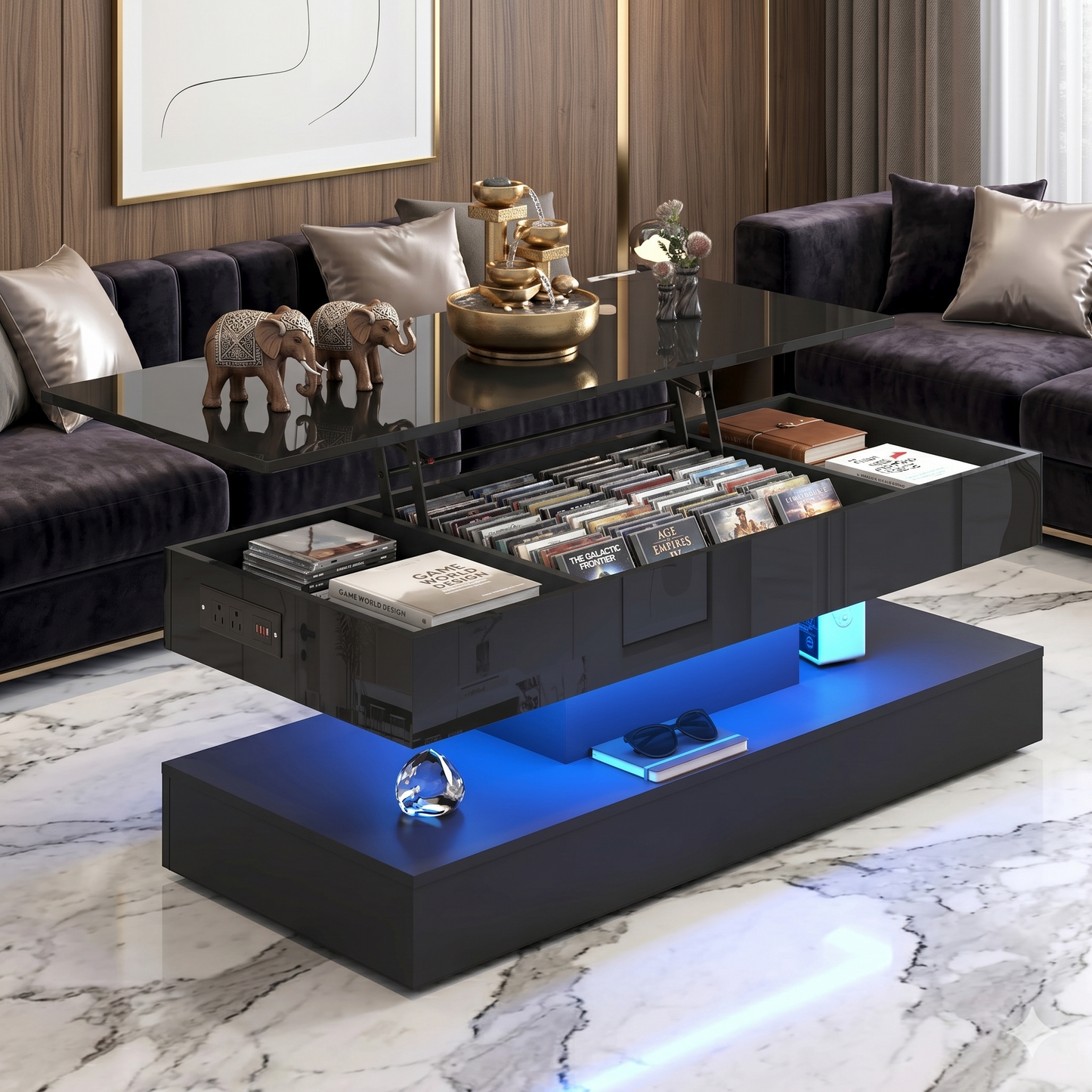 Modern 4-in-1 Lift-Top Coffee Table With Smart LED Storage Center And Integrated Charging Station