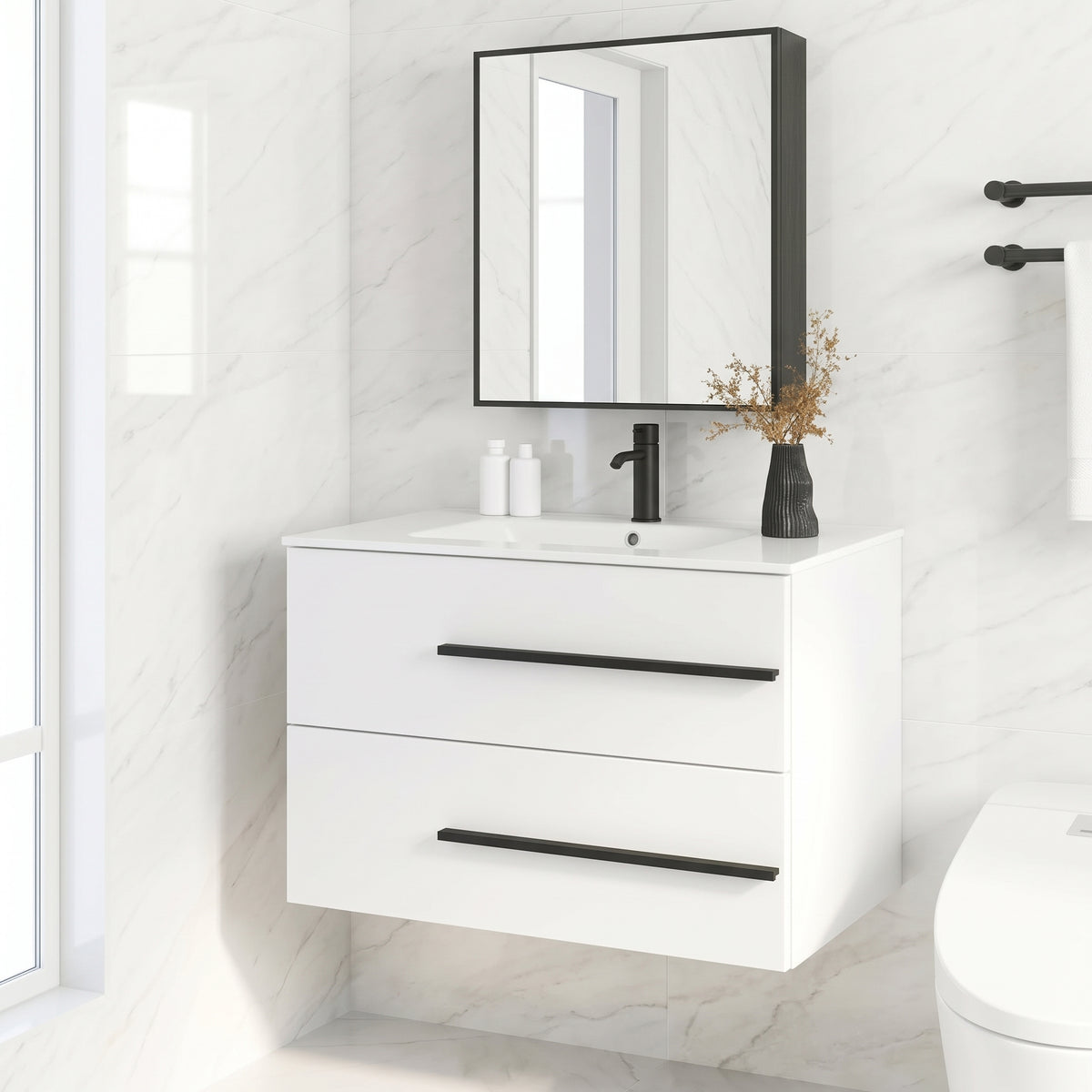 White Wall-Mounted Bathroom Vanity Cabinet With Ceramic Sink & 2 Soft-Close Drawers
