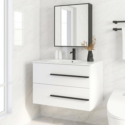 White Wall-Mounted Bathroom Vanity Cabinet With Ceramic Sink & 2 Soft-Close Drawers