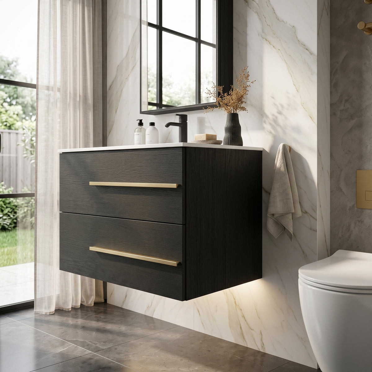 White Wall-Mounted Bathroom Vanity Cabinet With Ceramic Sink & 2 Soft-Close Drawers