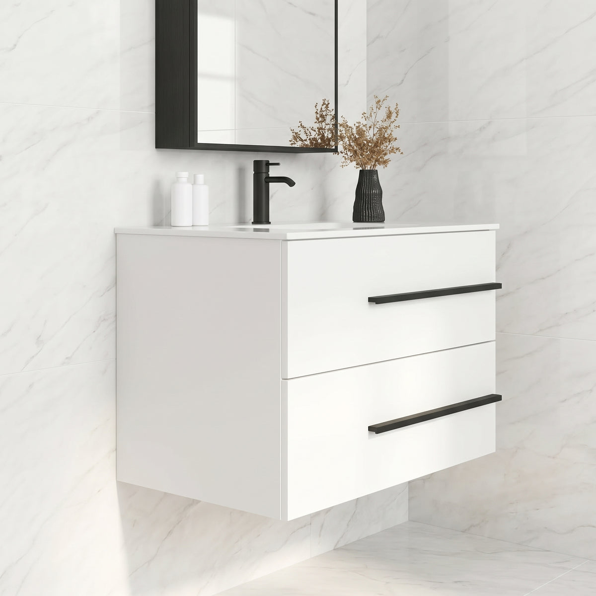 White Wall-Mounted Bathroom Vanity Cabinet With Ceramic Sink & 2 Soft-Close Drawers