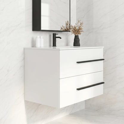 White Wall-Mounted Bathroom Vanity Cabinet With Ceramic Sink & 2 Soft-Close Drawers