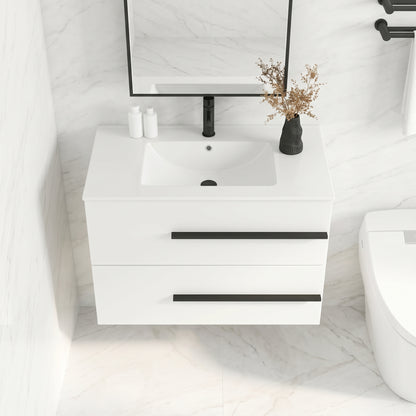 White Wall-Mounted Bathroom Vanity Cabinet With Ceramic Sink & 2 Soft-Close Drawers