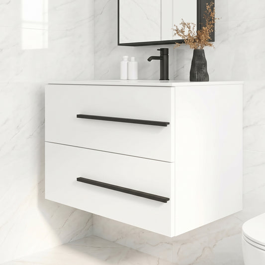 White Wall-Mounted Bathroom Vanity Cabinet With Ceramic Sink & 2 Soft-Close Drawers