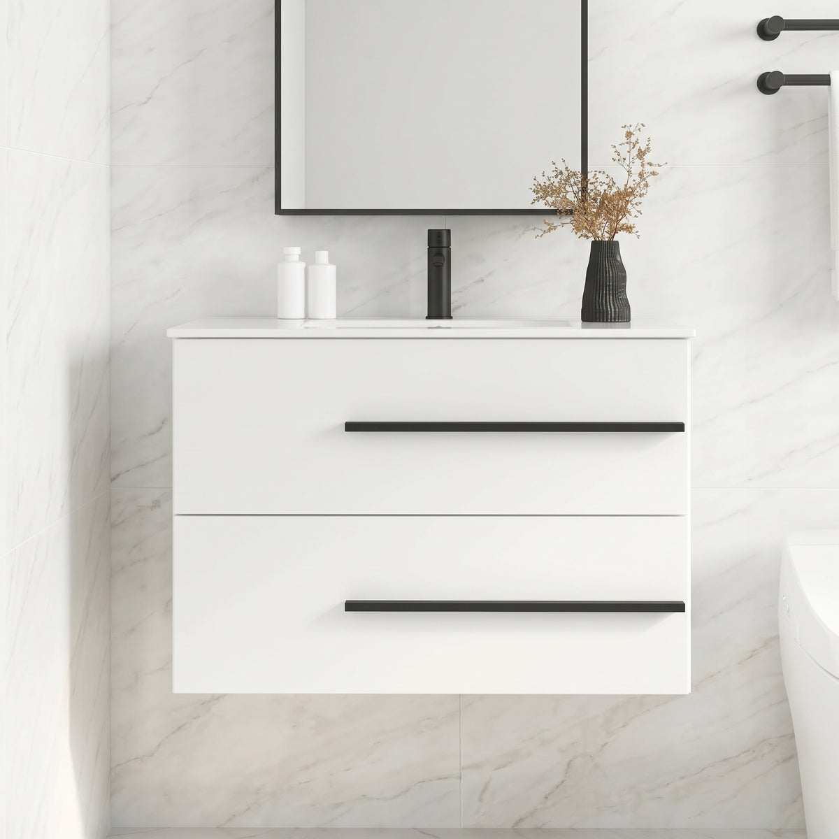 White Wall-Mounted Bathroom Vanity Cabinet With Ceramic Sink & 2 Soft-Close Drawers
