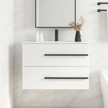 White Wall-Mounted Bathroom Vanity Cabinet With Ceramic Sink & 2 Soft-Close Drawers