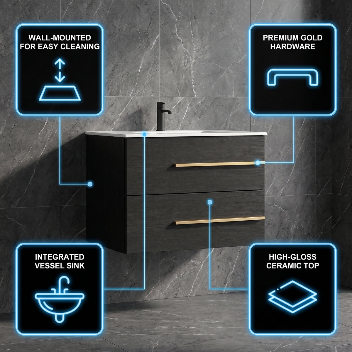 White Wall-Mounted Bathroom Vanity Cabinet With Ceramic Sink & 2 Soft-Close Drawers