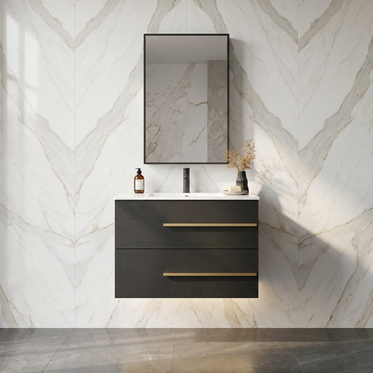 Black Floating Bathroom Vanity with Ceramic Sink & 2 Soft-Close Drawers | Wall-Mounted Cabinet