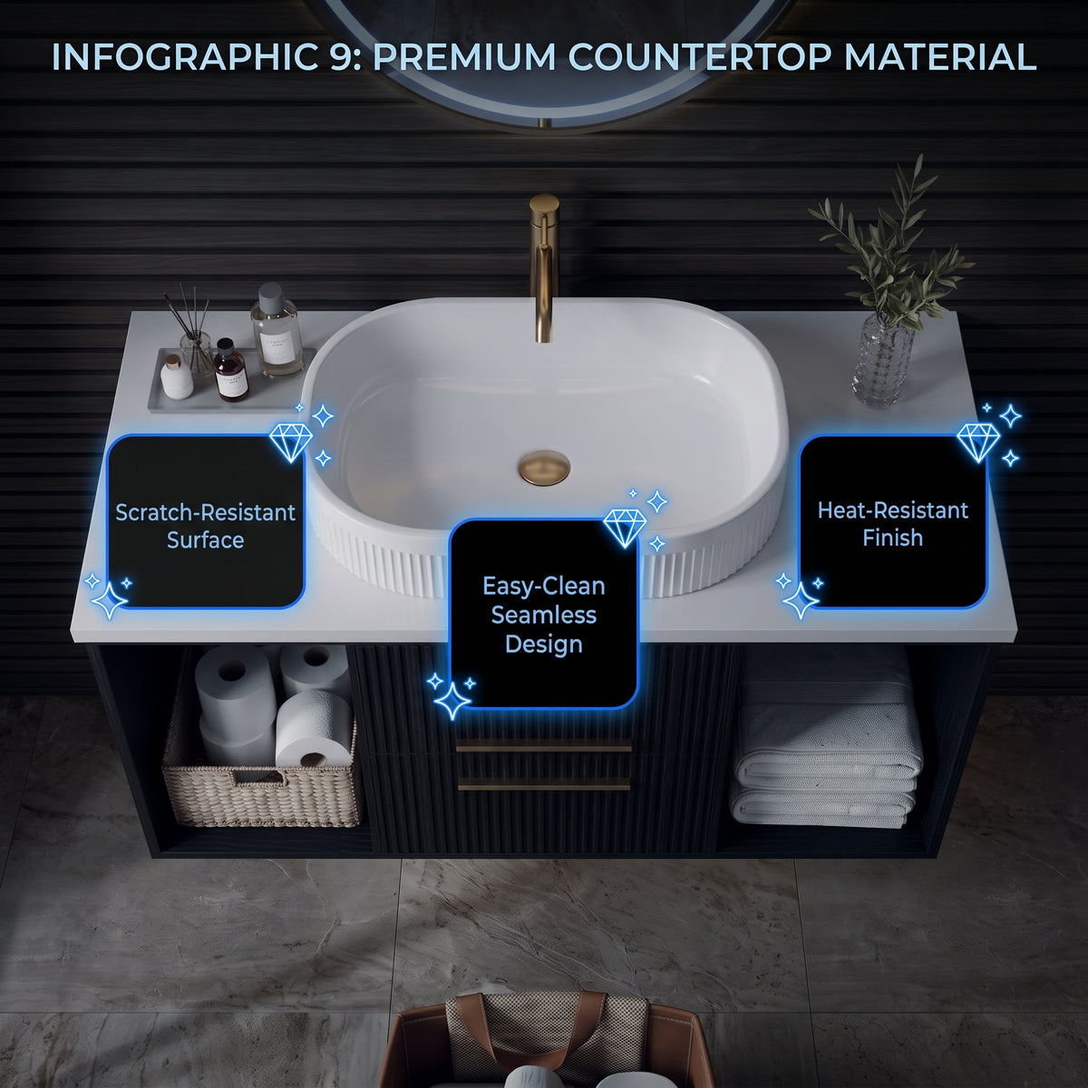 Black Wall-Mounted Floating Bathroom Vanity With Fluted Oval Vessel Sink