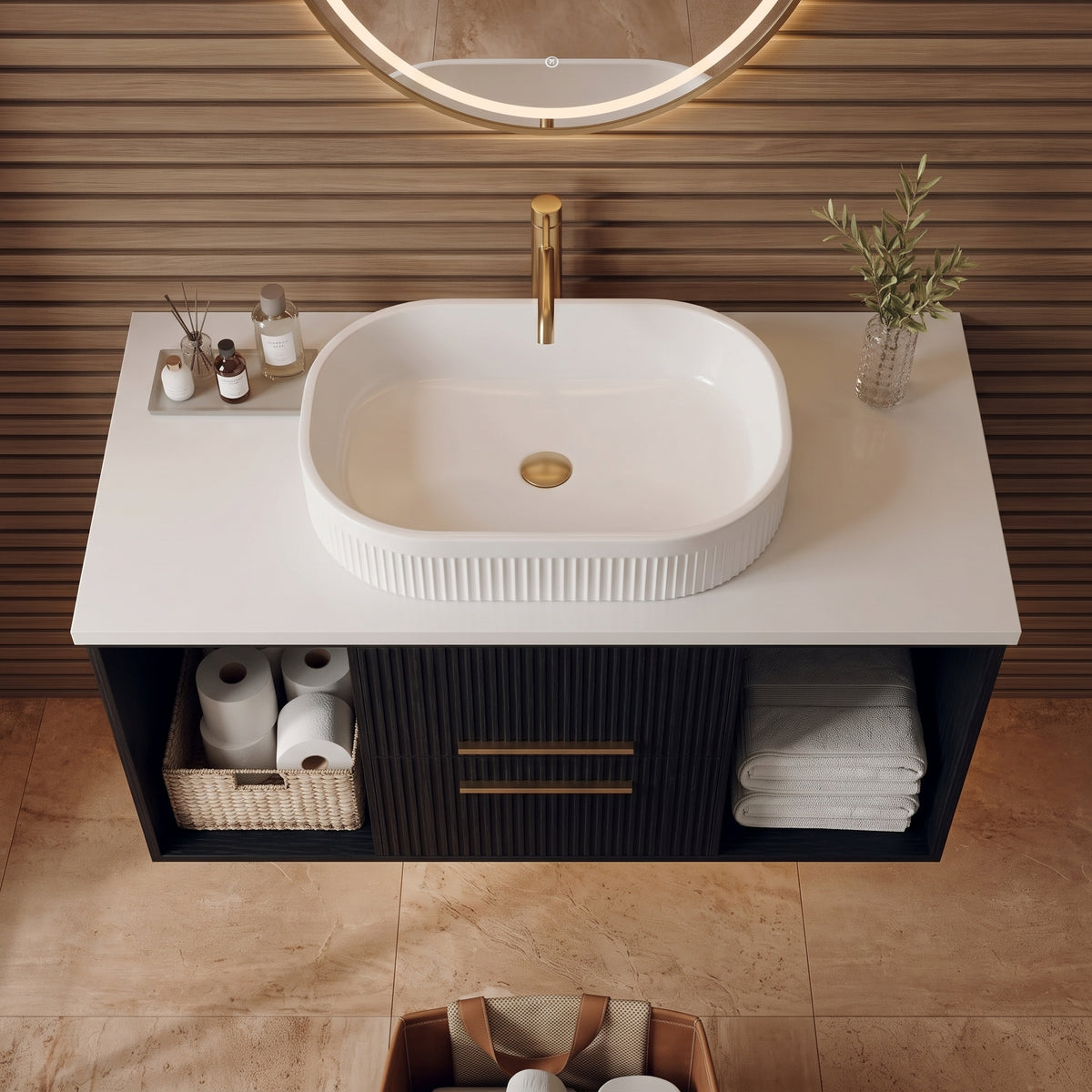 Black Wall-Mounted Floating Bathroom Vanity With Fluted Oval Vessel Sink
