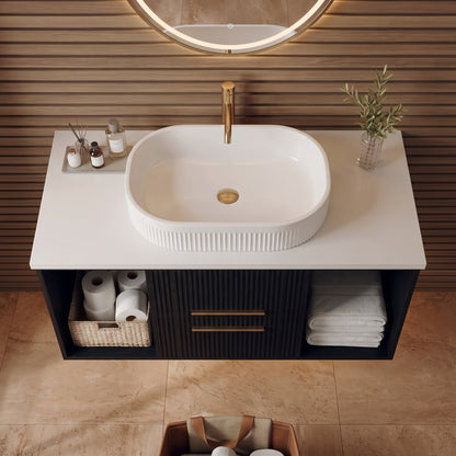 Black Wall-Mounted Floating Bathroom Vanity With Fluted Oval Vessel Sink