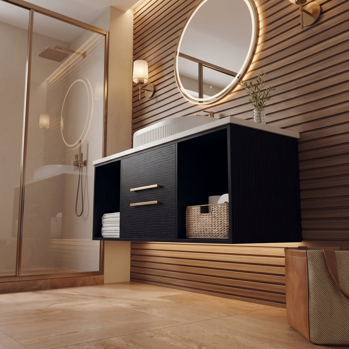 Black Wall-Mounted Floating Bathroom Vanity With Fluted Oval Vessel Sink