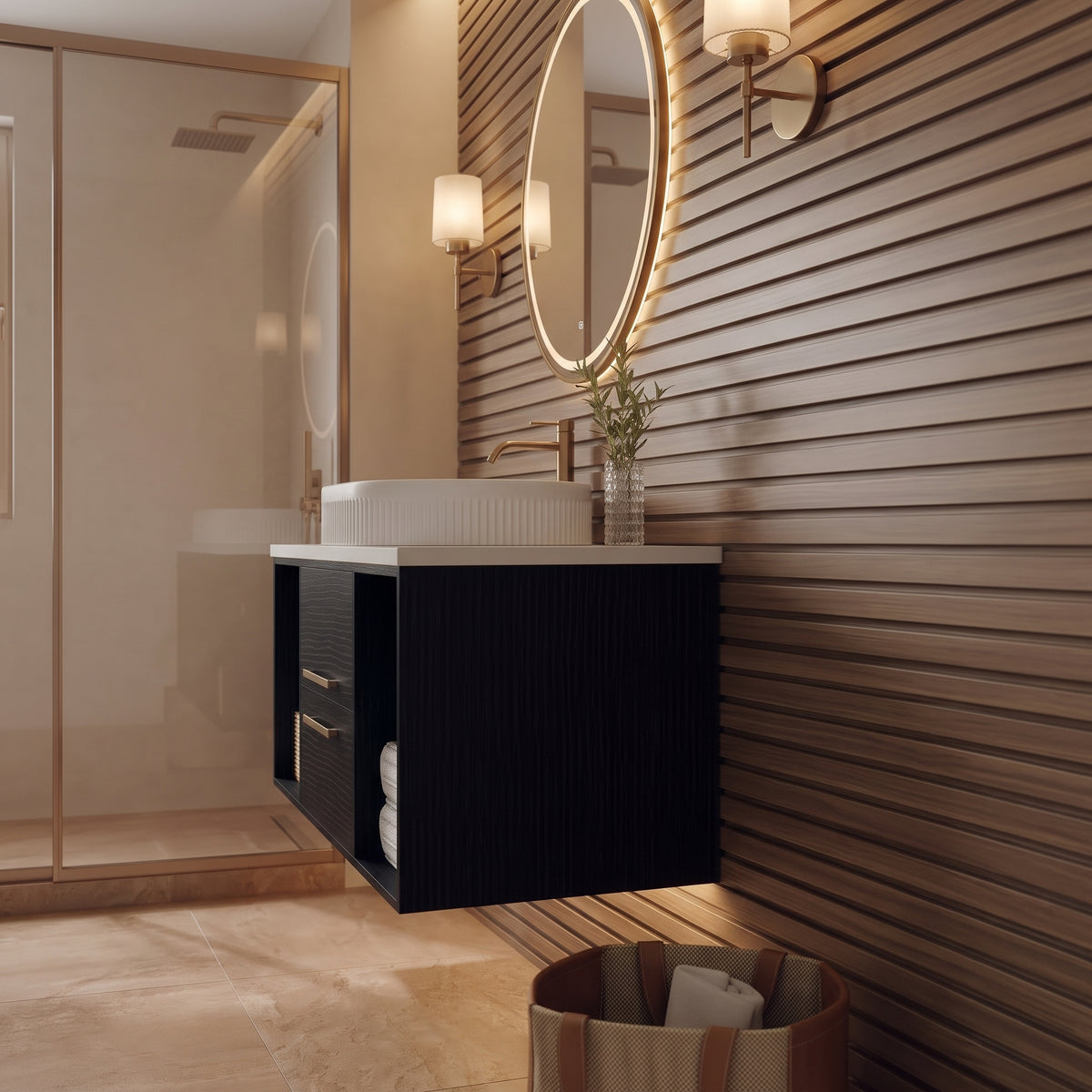Black Wall-Mounted Floating Bathroom Vanity With Fluted Oval Vessel Sink