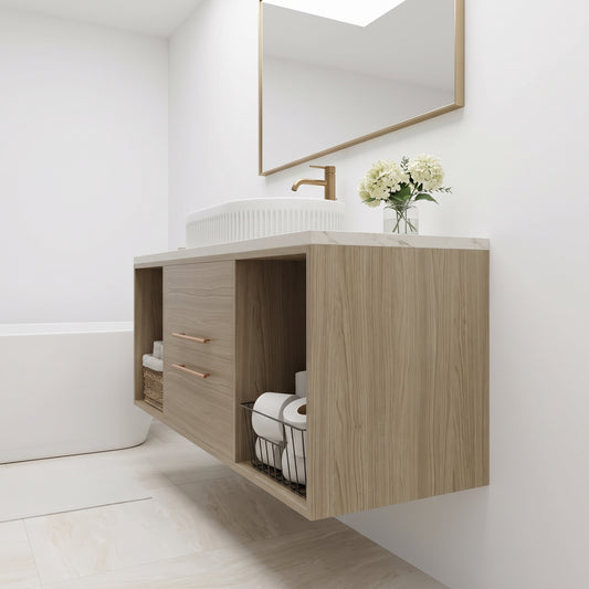 Modern Wall-Mounted Floating Bathroom Vanity with Fluted Oval Vessel Sink