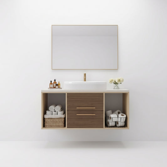 Modern Wall-Mounted Floating Bathroom Vanity with Fluted Oval Vessel Sink