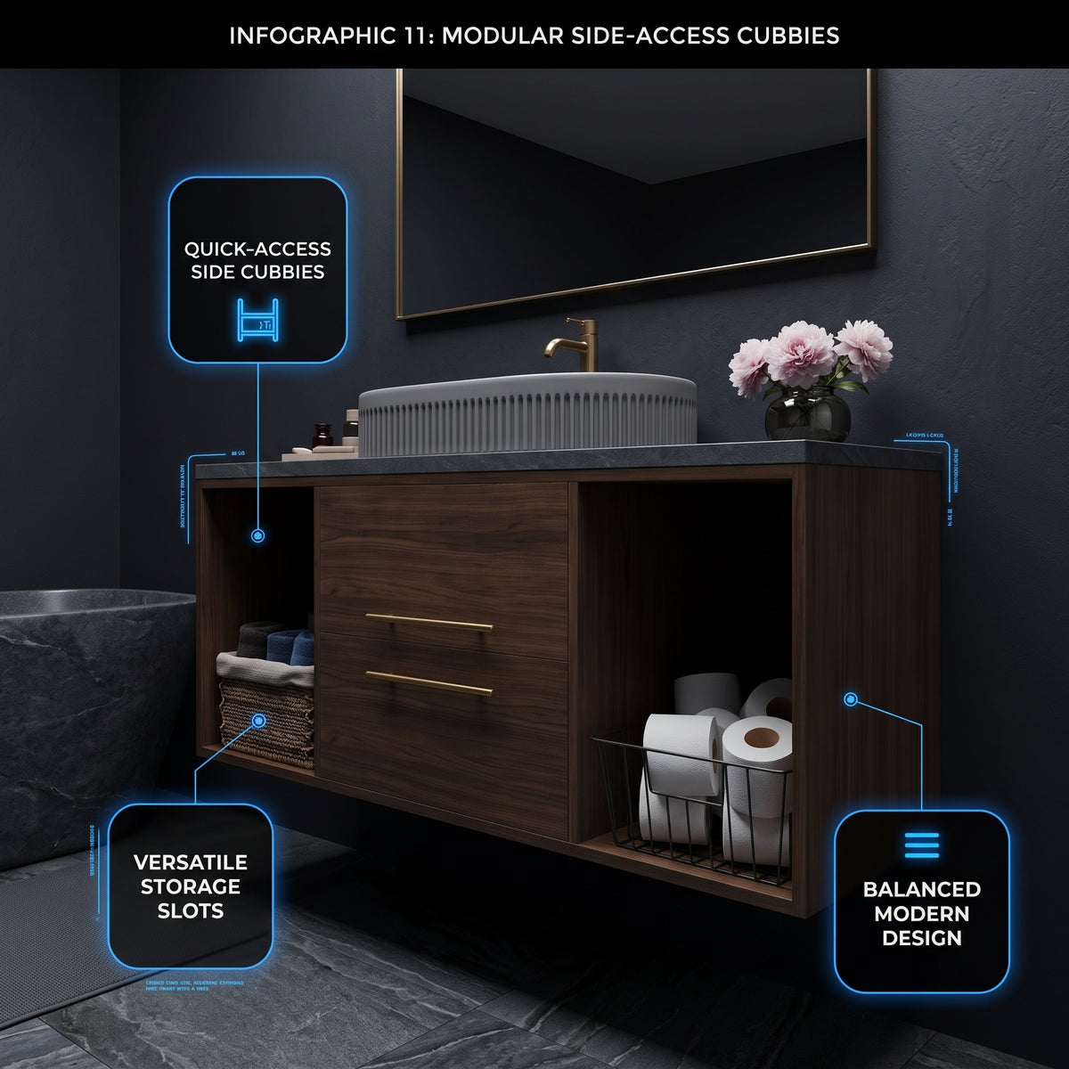 Black Wall-Mounted Floating Bathroom Vanity With Fluted Oval Vessel Sink