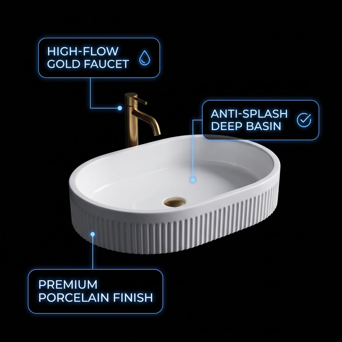 Black Wall-Mounted Floating Bathroom Vanity With Fluted Oval Vessel Sink