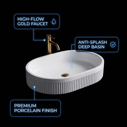 Black Wall-Mounted Floating Bathroom Vanity With Fluted Oval Vessel Sink