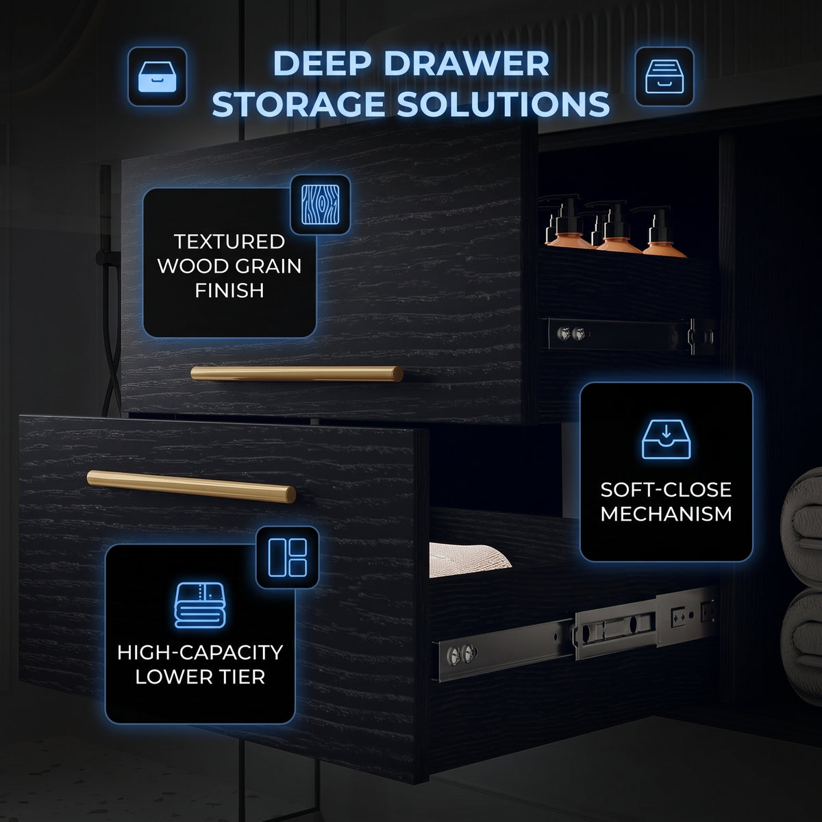 Black Wall-Mounted Floating Bathroom Vanity With Fluted Oval Vessel Sink