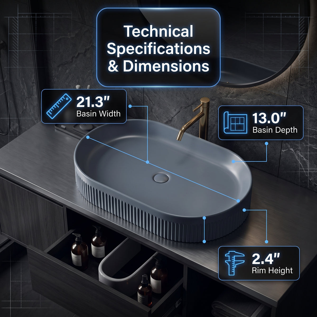 Black Wall-Mounted Floating Bathroom Vanity With Fluted Oval Vessel Sink
