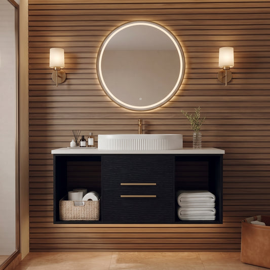 Black Wall-Mounted Floating Bathroom Vanity With Fluted Oval Vessel Sink