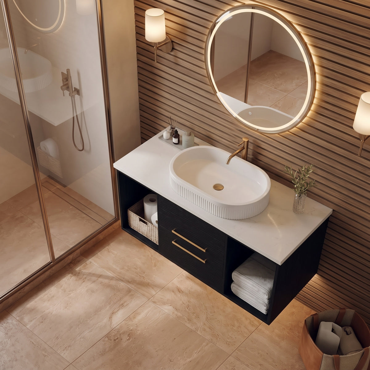 Black Wall-Mounted Floating Bathroom Vanity With Fluted Oval Vessel Sink
