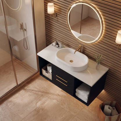 Black Wall-Mounted Floating Bathroom Vanity With Fluted Oval Vessel Sink