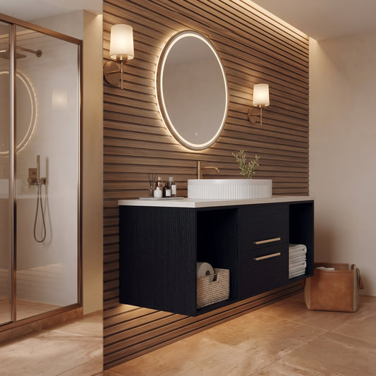 Black Wall-Mounted Floating Bathroom Vanity With Fluted Oval Vessel Sink