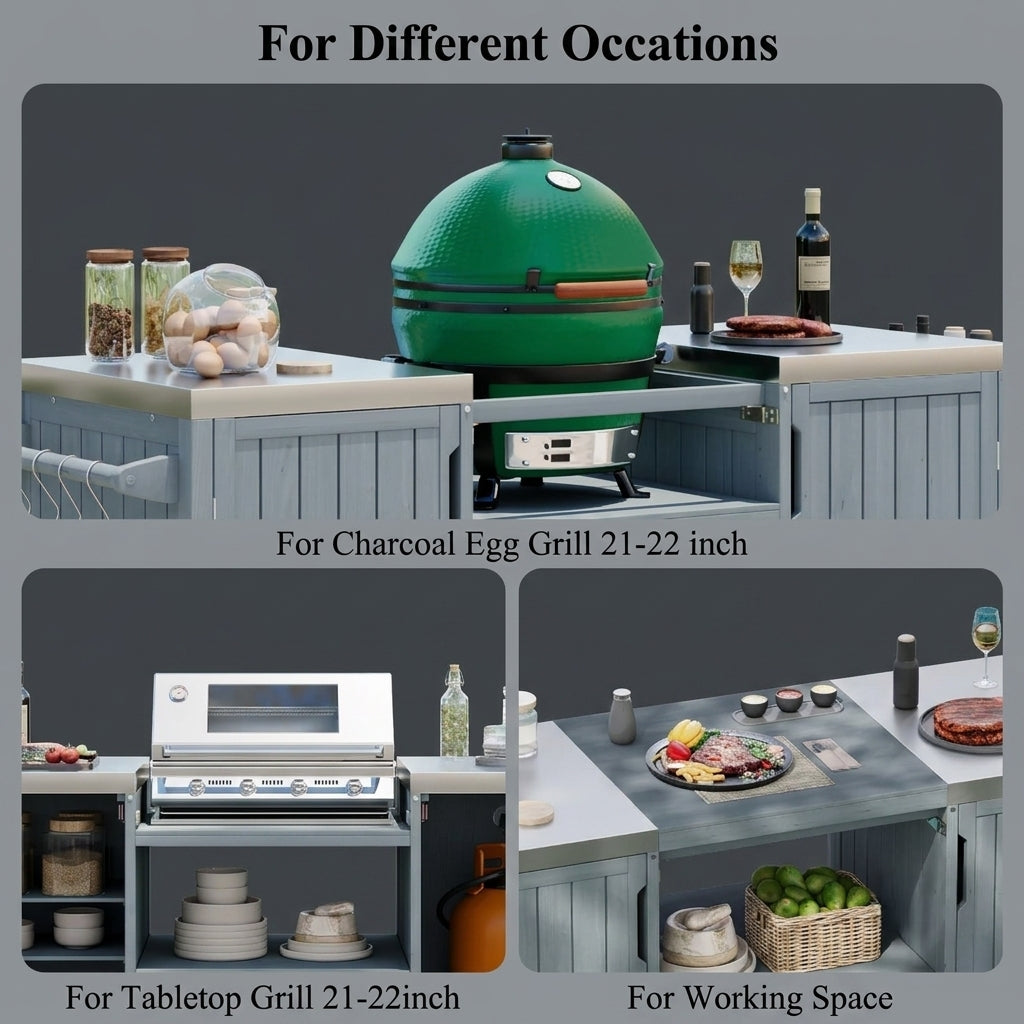 Gray Solid Wood Outdoor Kitchen Island & Grill Cart