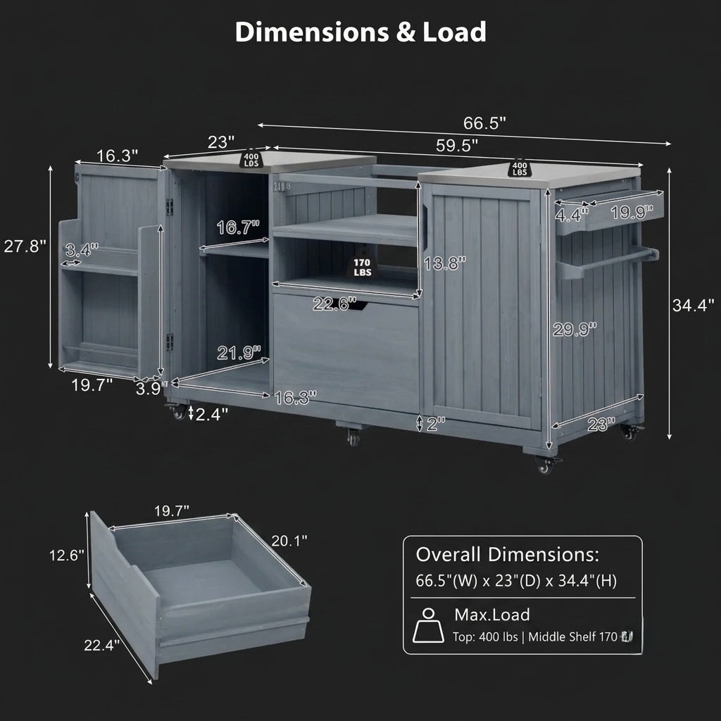 Gray Solid Wood Outdoor Kitchen Island & Grill Cart