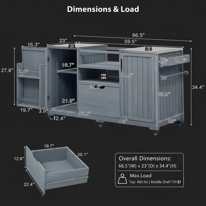 Gray Solid Wood Outdoor Kitchen Island & Grill Cart