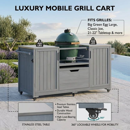 Gray Solid Wood Outdoor Kitchen Island & Grill Cart