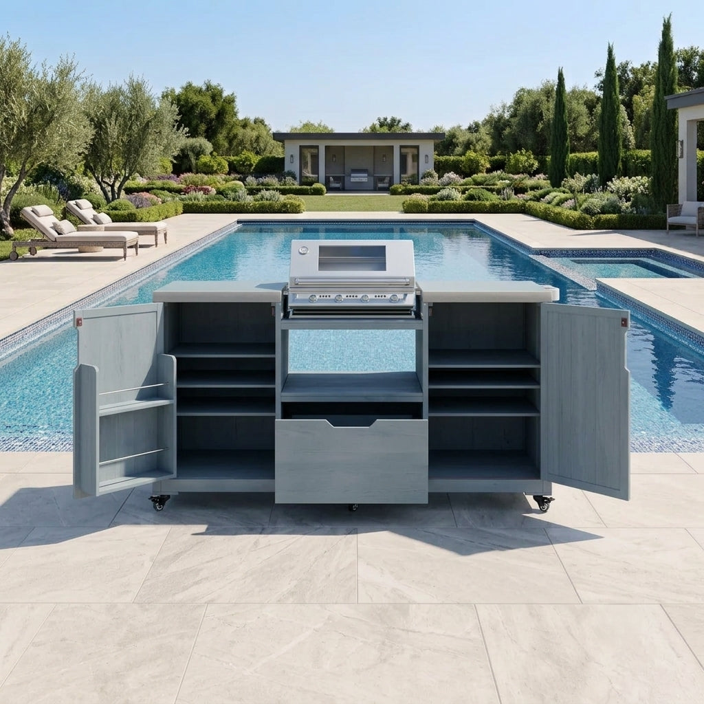 Gray Solid Wood Outdoor Kitchen Island & Grill Cart