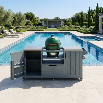 Gray Solid Wood Outdoor Kitchen Island & Grill Cart