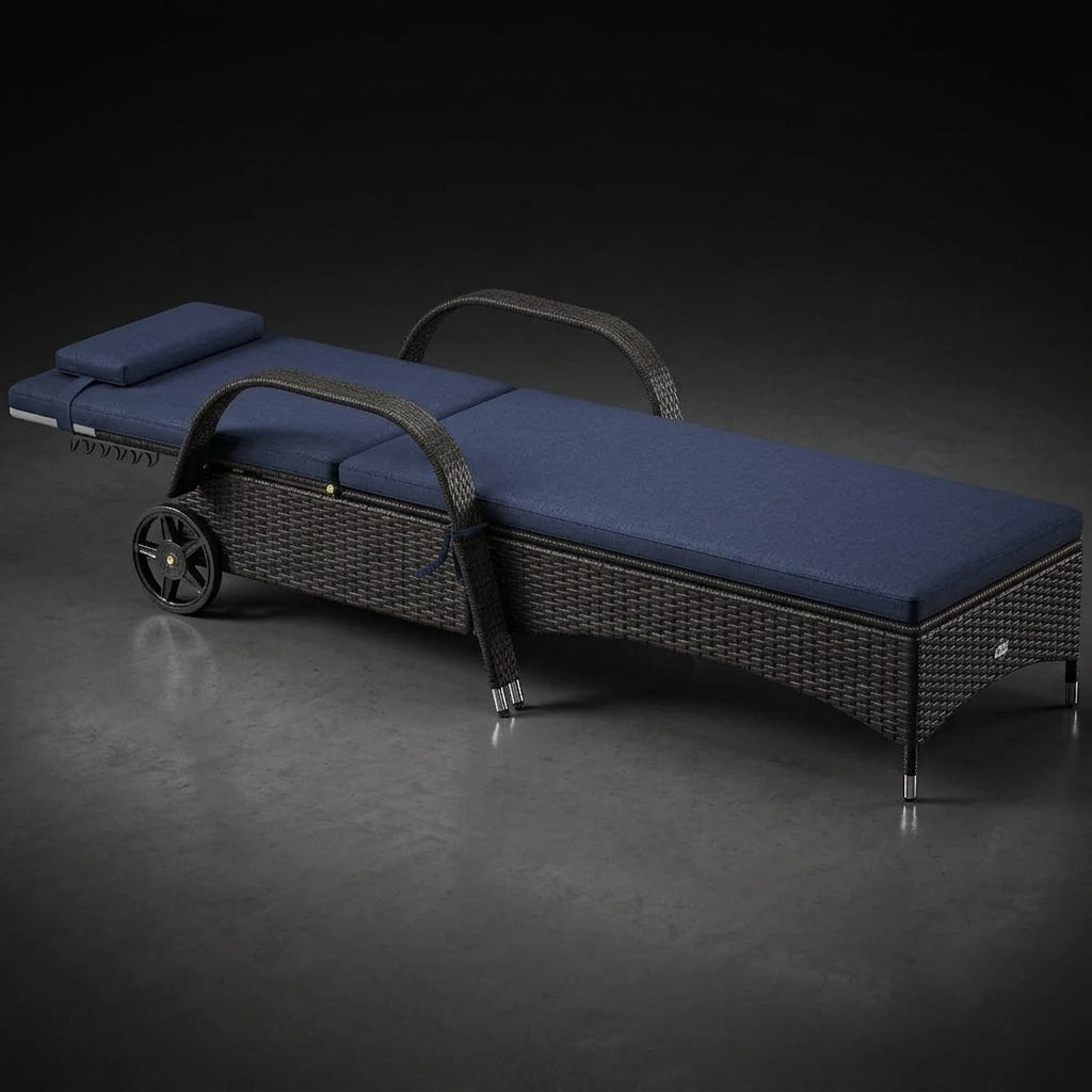A modern outdoor chaise lounge with a dark gray woven wicker frame, blue cushions, and a small wheel on the side, shown on a dark gray studio background.