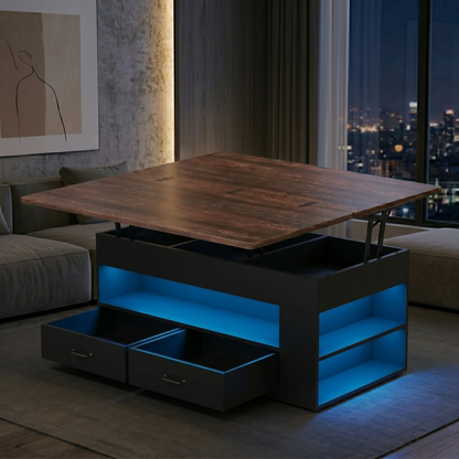 Wooden coffee table with storage compartments and blue LED lighting in a modern living room.